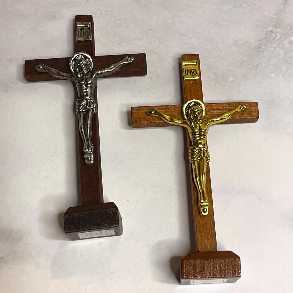 2 Vintage Style Wooden Crucifix Crosses Jesus INRI Gold Silver Standing 4"